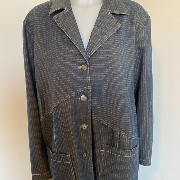 Women's Pin Stripe Long Denim Jacket - Picture 2 of 10